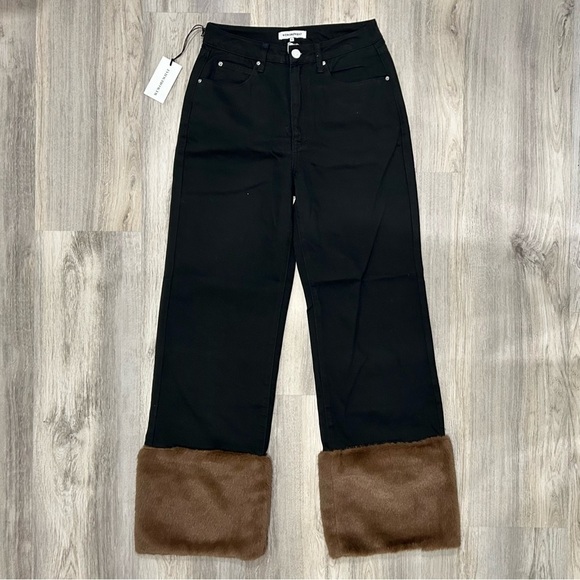 WeWoreWhat Denim - NWT We Wore What Black Denim Jeans Faux Fur Cuff Straight Leg High Rise Size 27